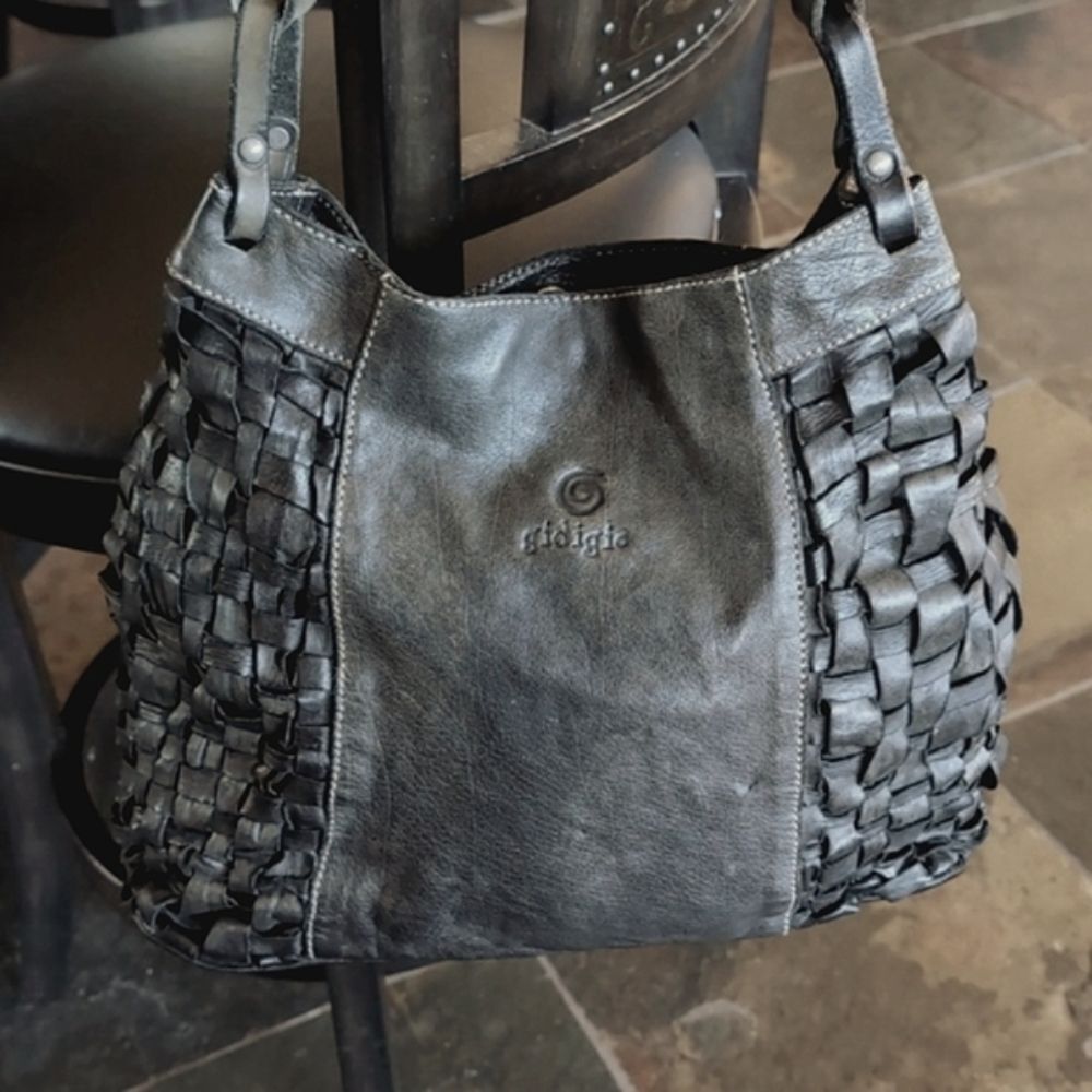 Black Basket Weave 🖤Leather Hobo Bag -Gidigio Italian Made - Picture 3 of 16